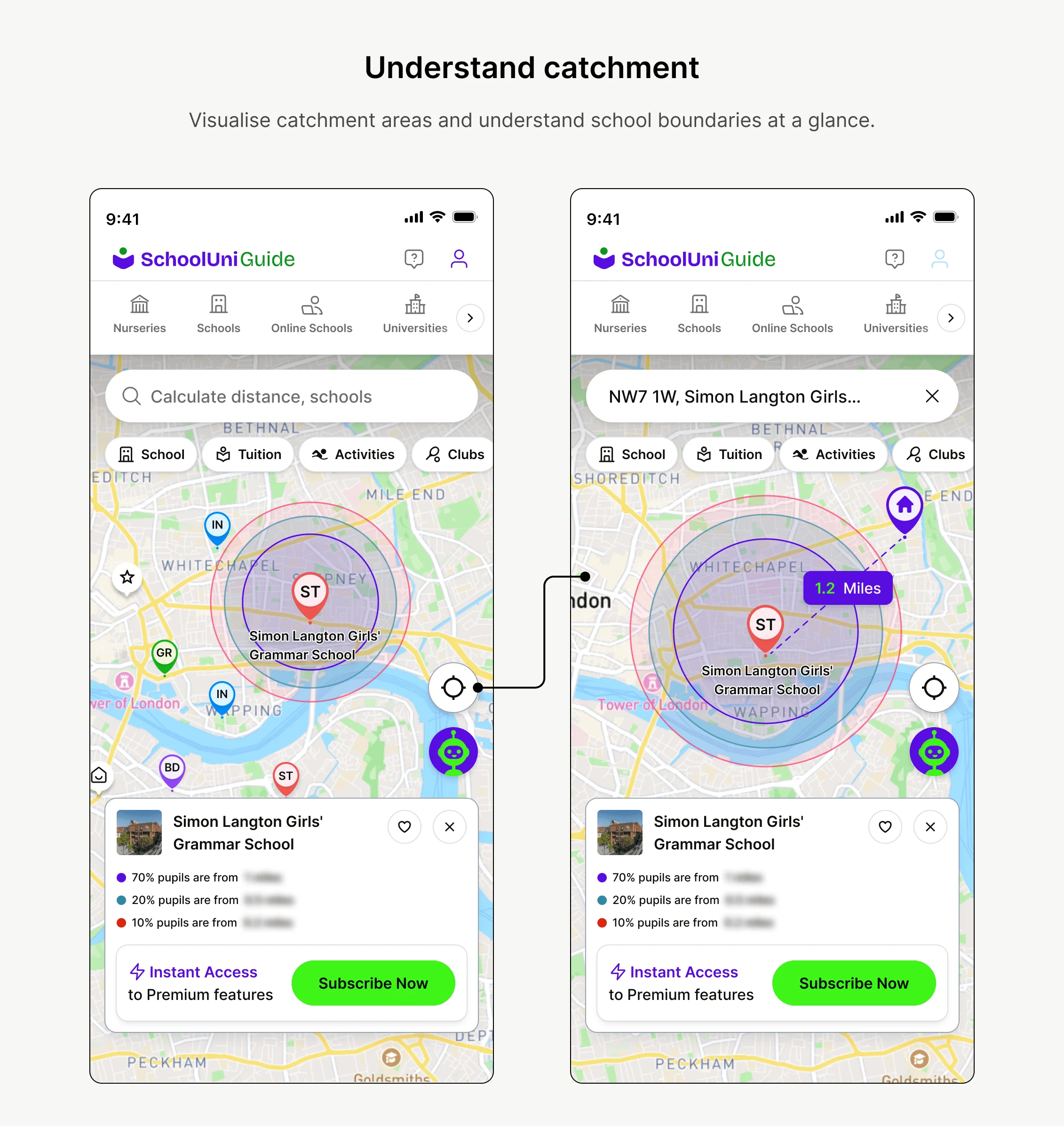 Mobile map showing school catchment boundaries