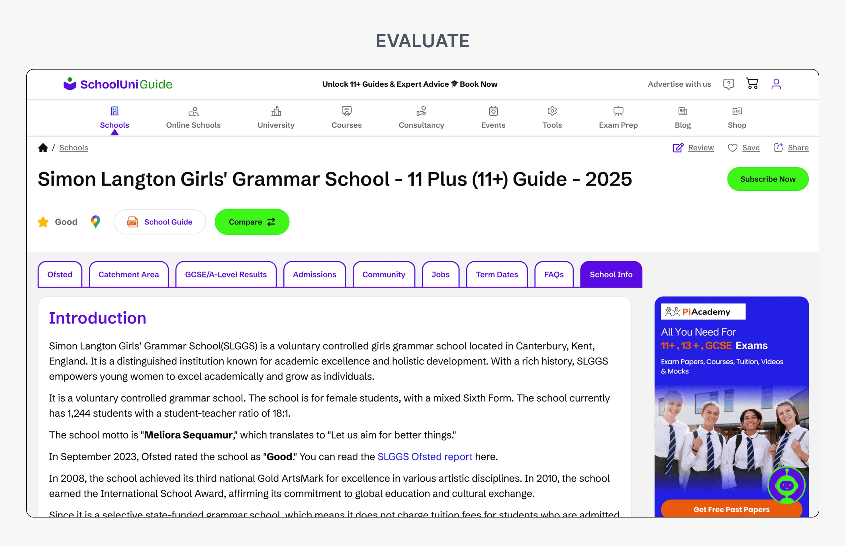Final school profile with information tabs and exam guidance