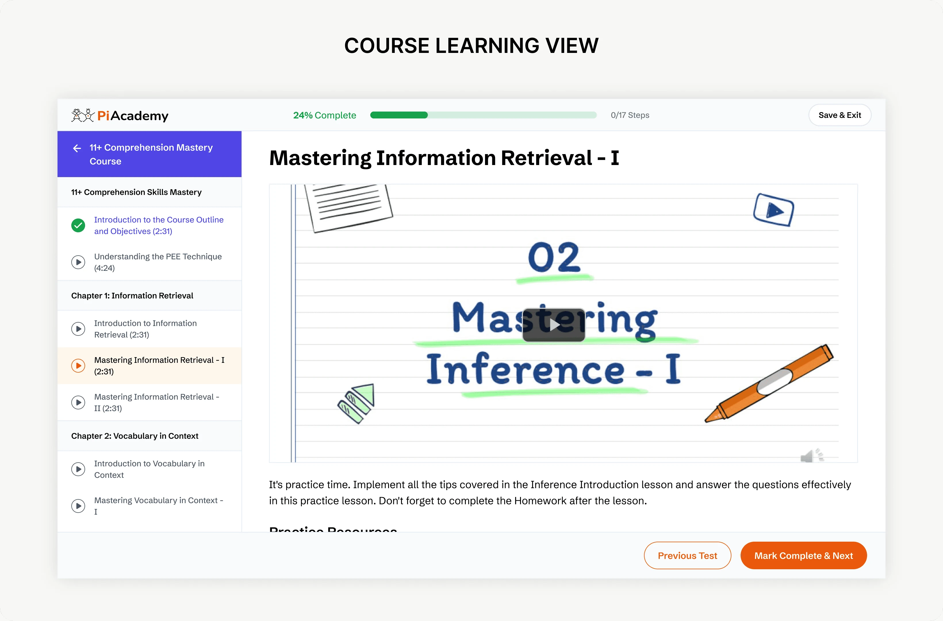 Learn / Course learning view