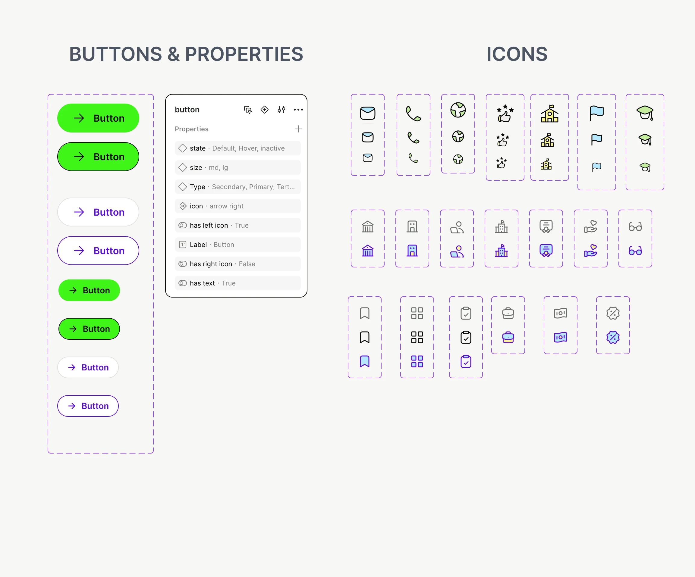 School Uni Guide buttons, properties and icons
