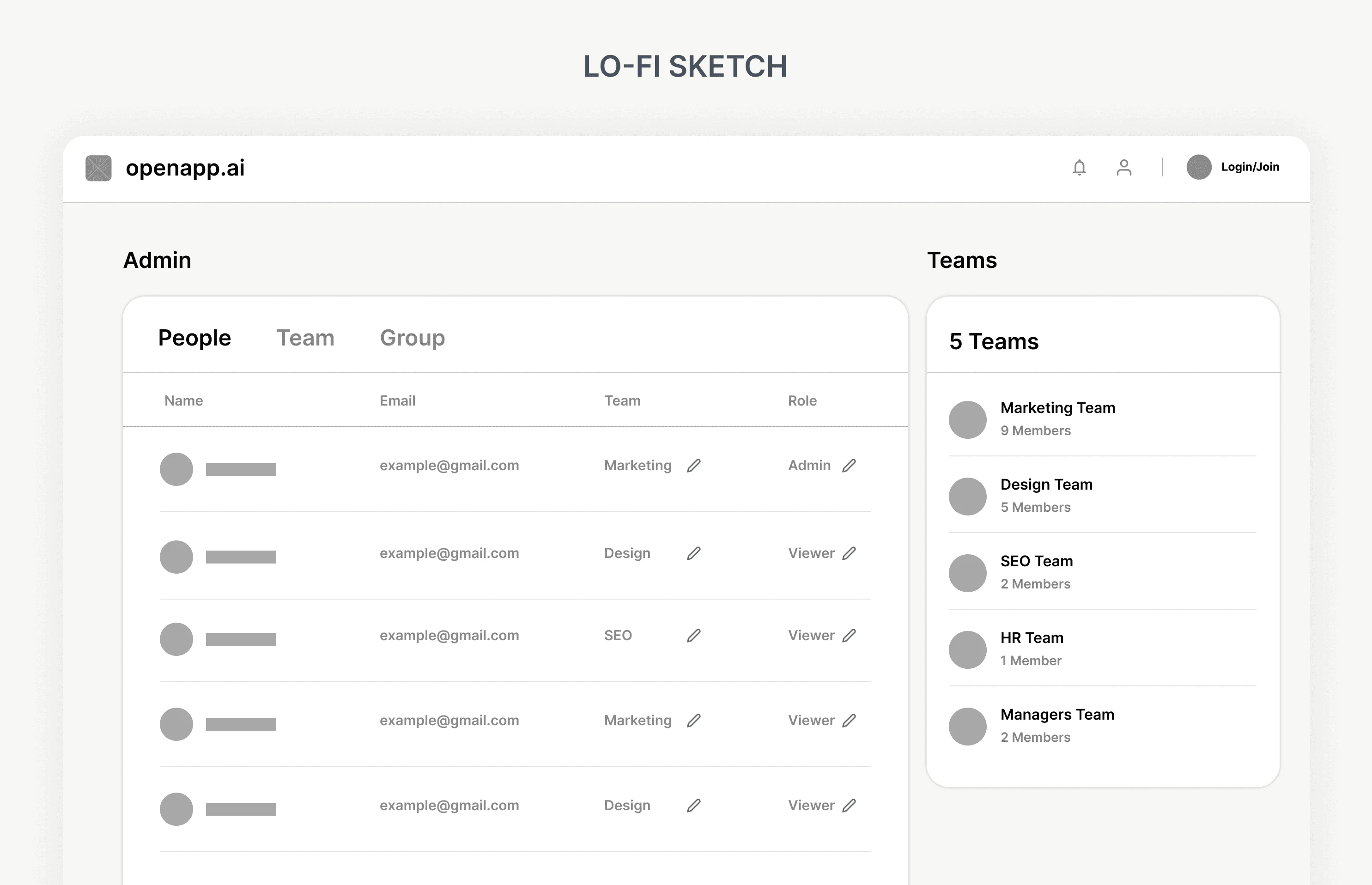 Low-fidelity admin people and teams sketch