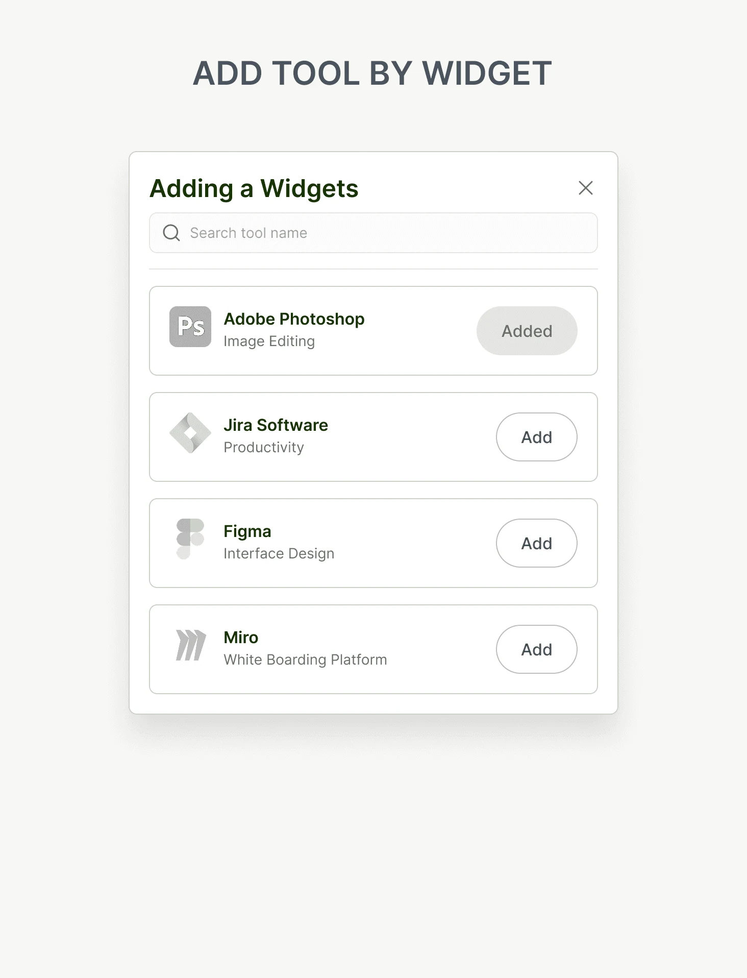 Low-fidelity catalogue widget for adding common tools
