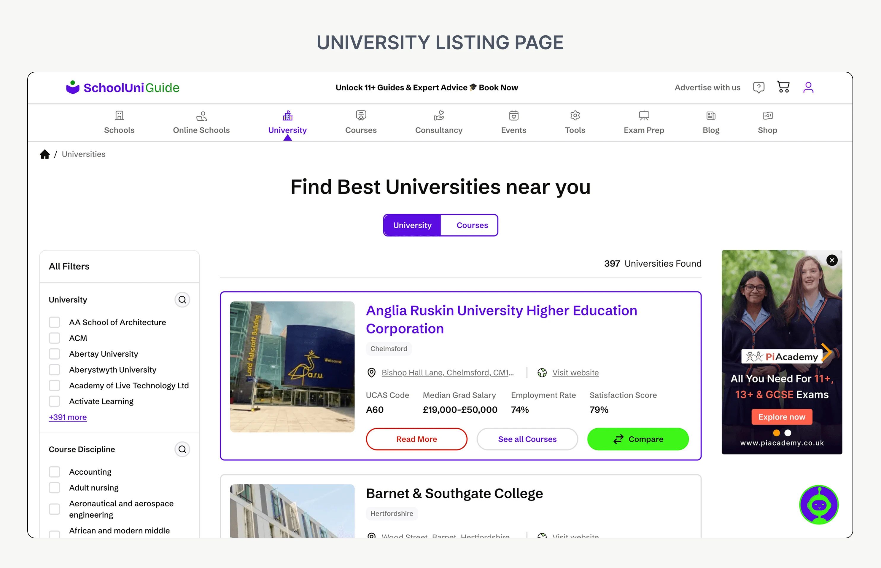 Final university discovery listing