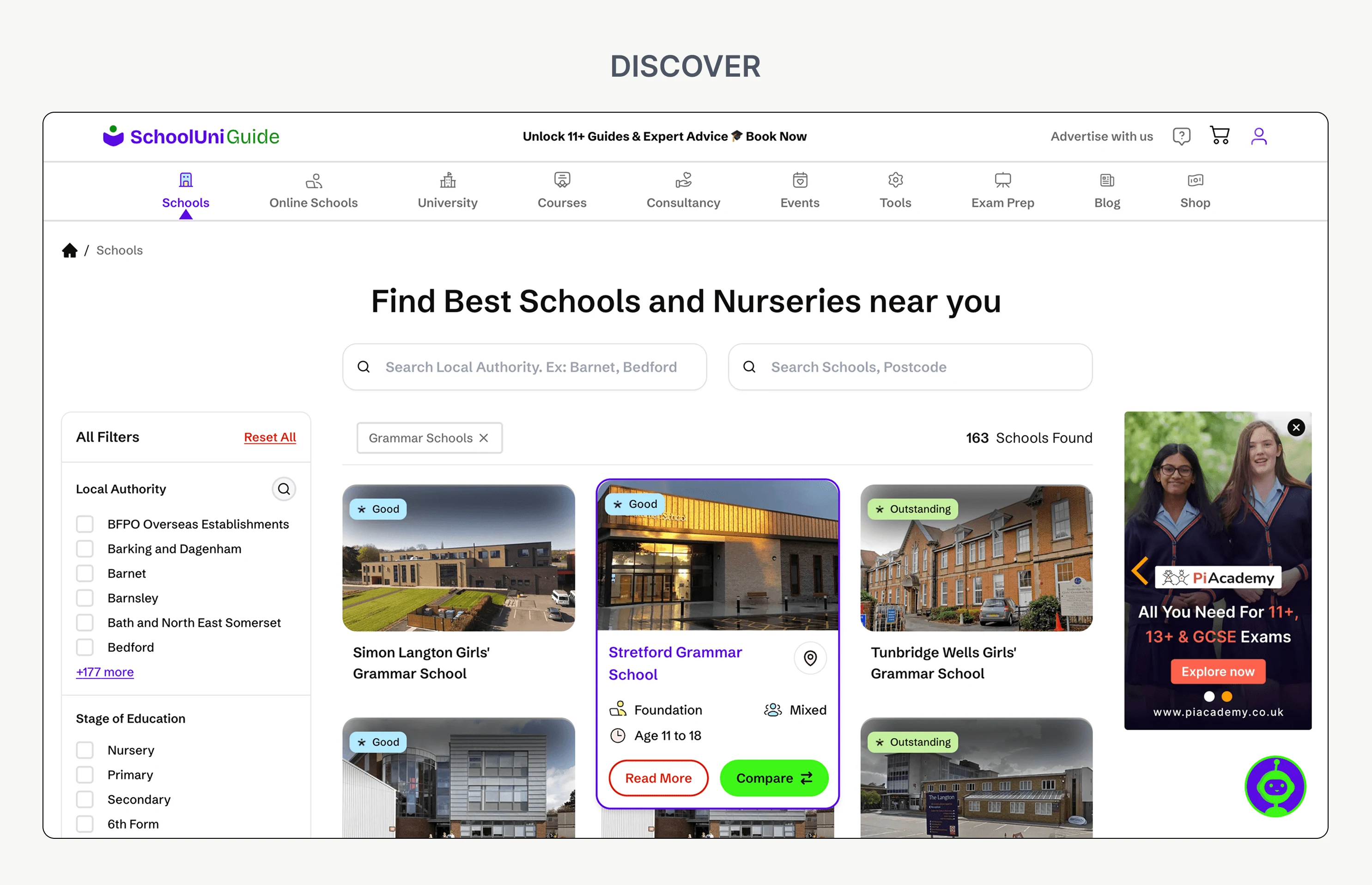 Final school listing with filters and school cards