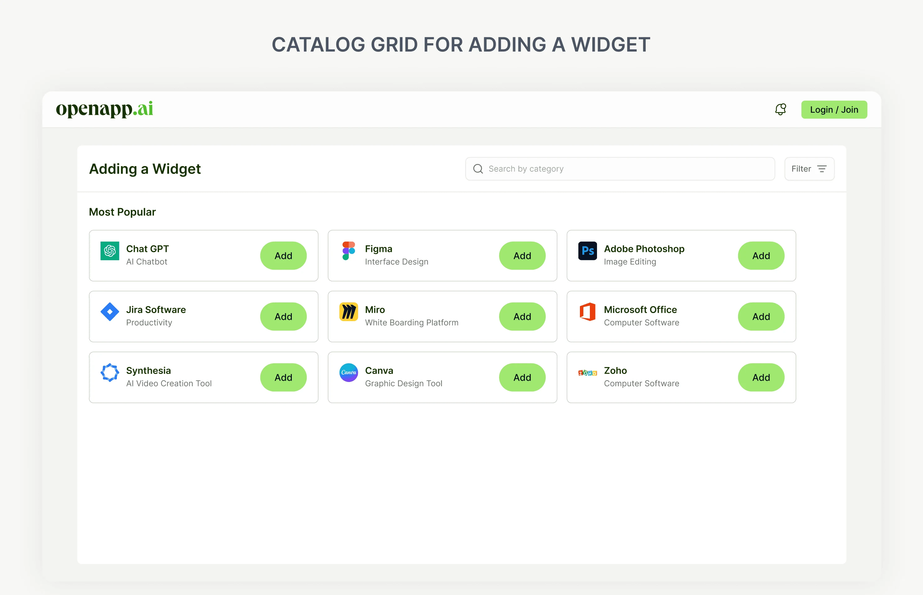 Catalogue grid for adding common software tools