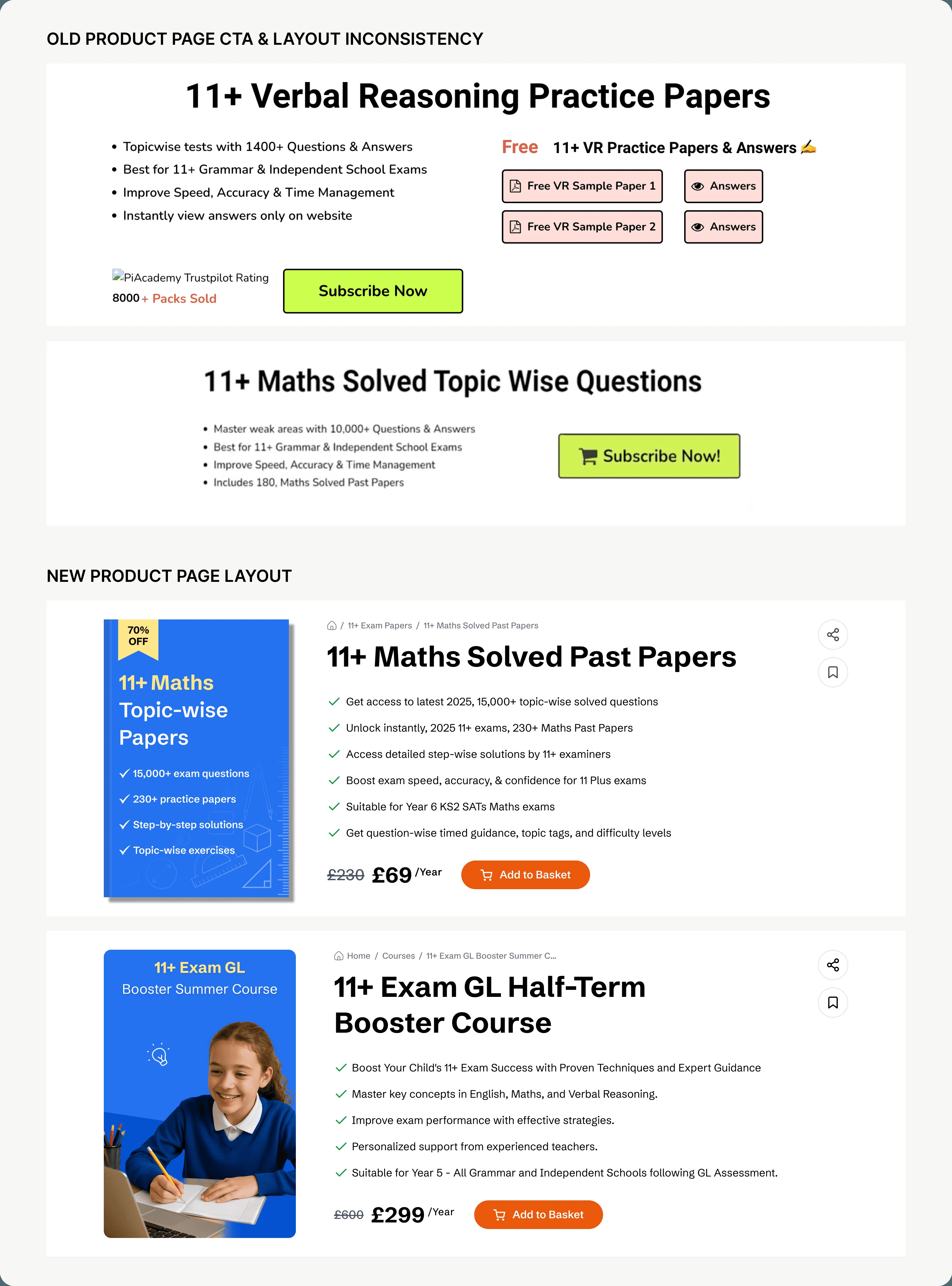 Before → After / A consistent product-page hierarchy