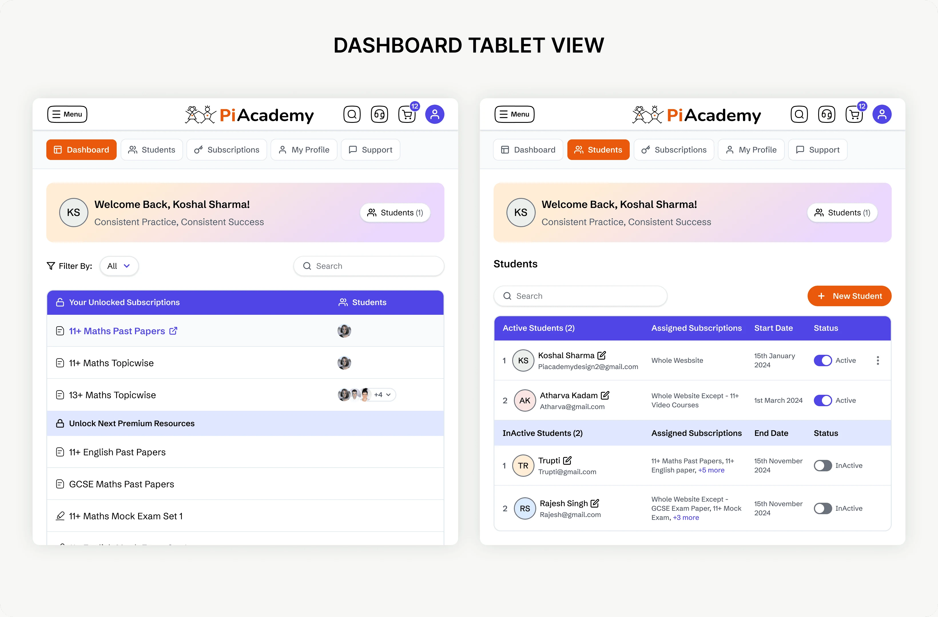 Practice / Student dashboard on tablet