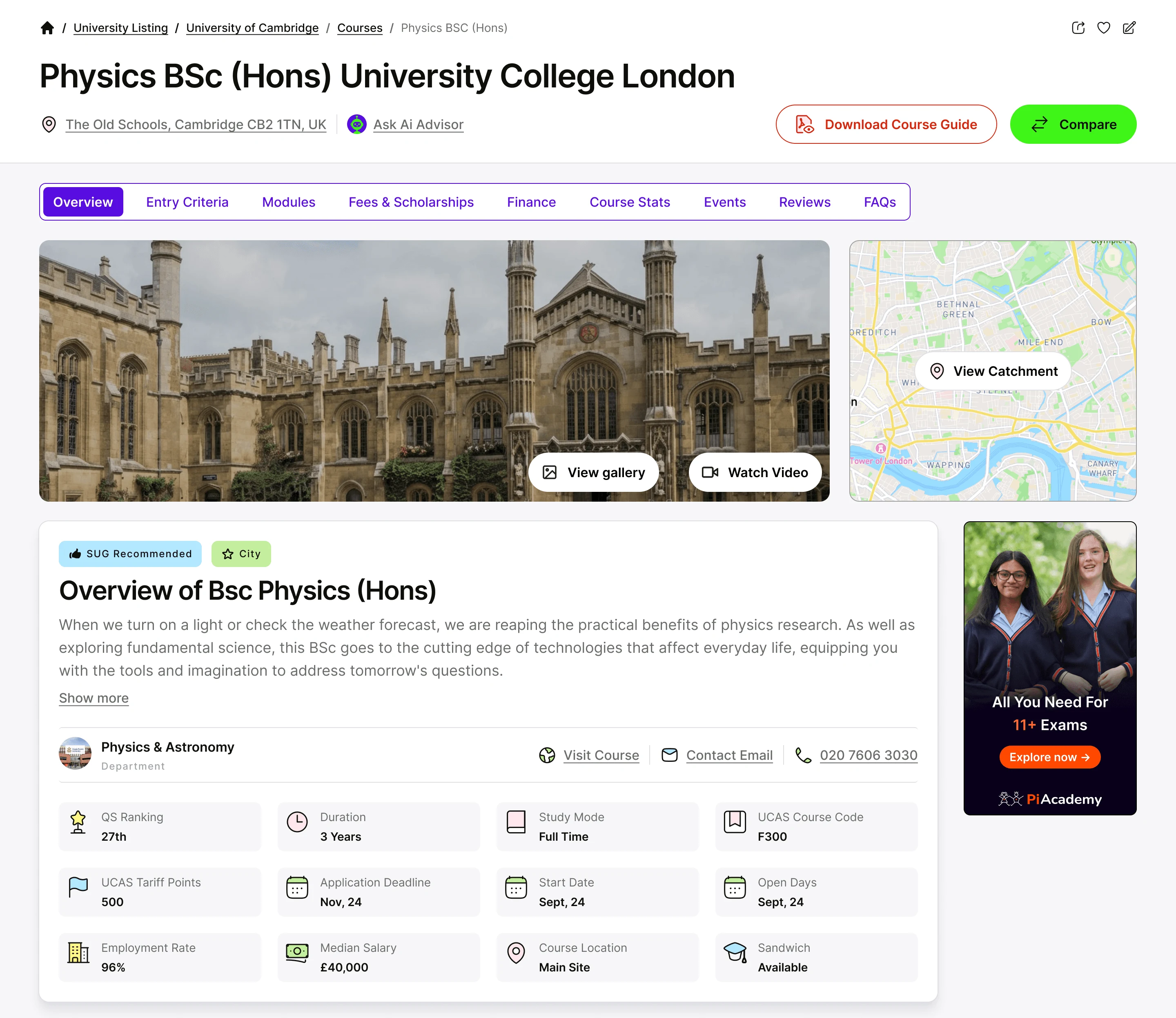 University course profile extending the shared education layout