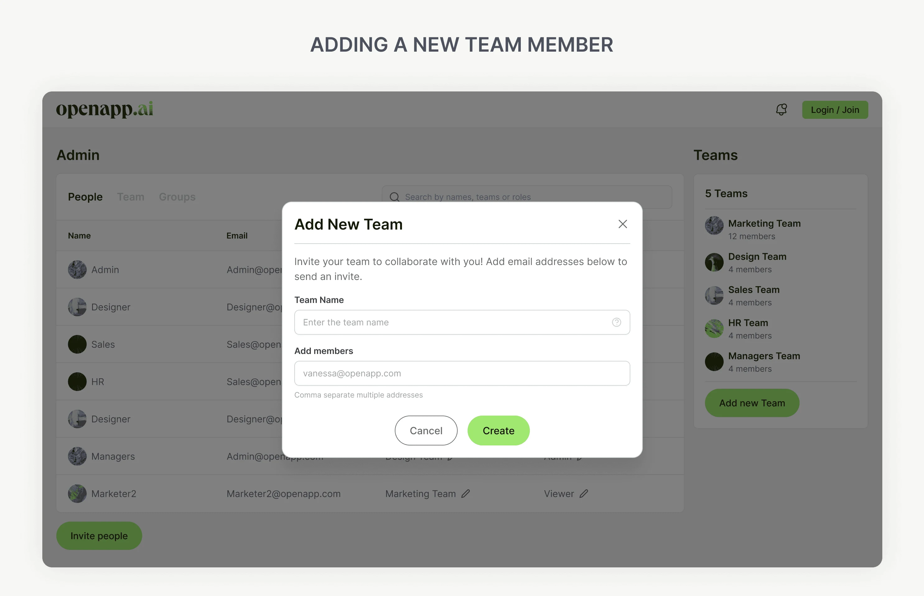 Add new team dialog in the admin view