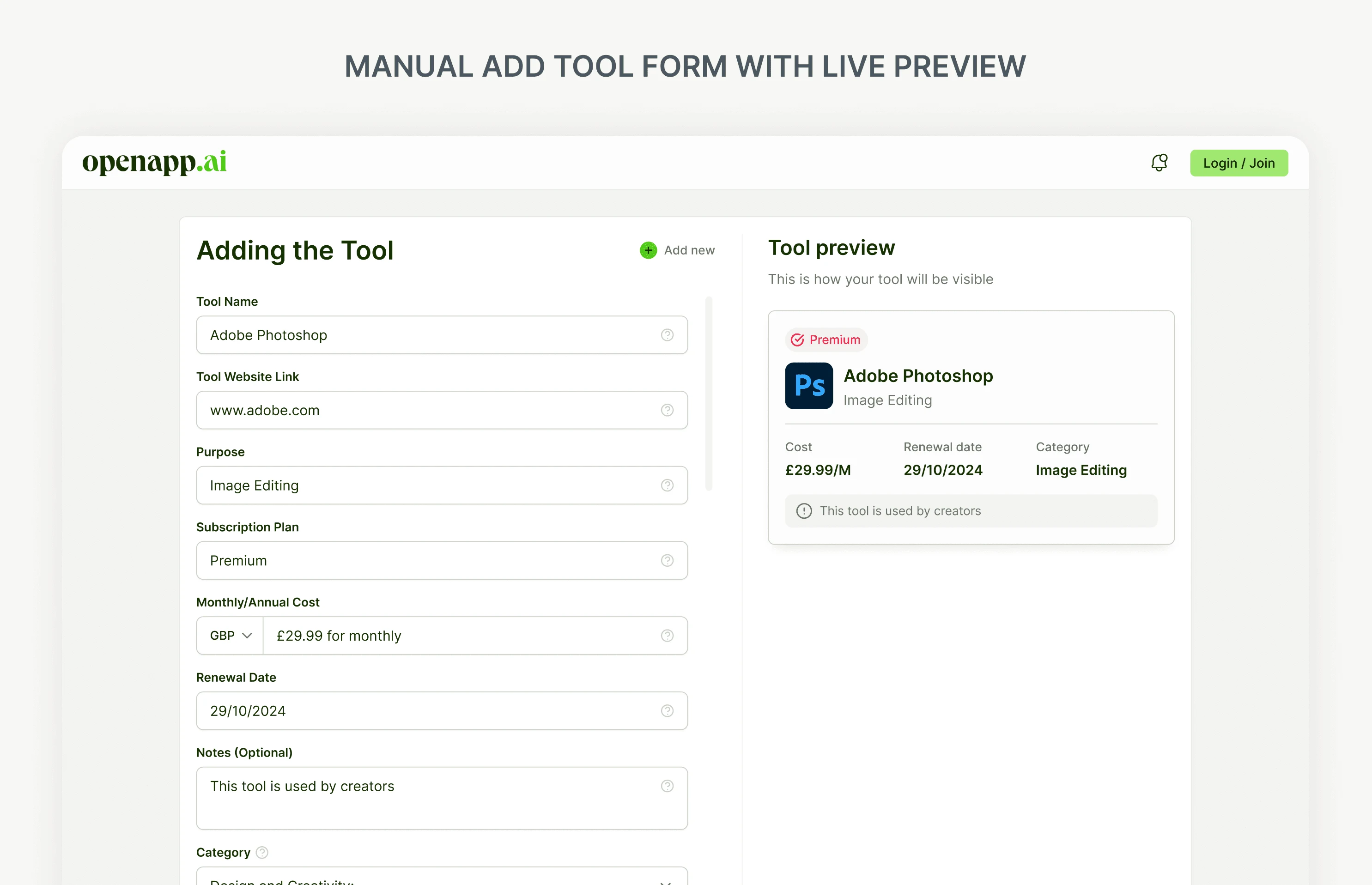 Manual add-tool form with a live preview