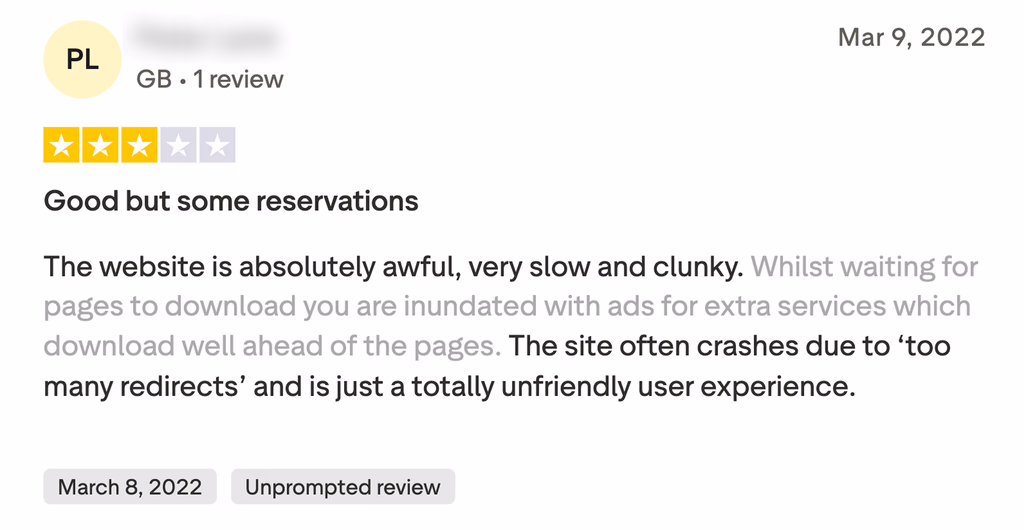Anonymised 2022 review describing a slow website and redirect errors