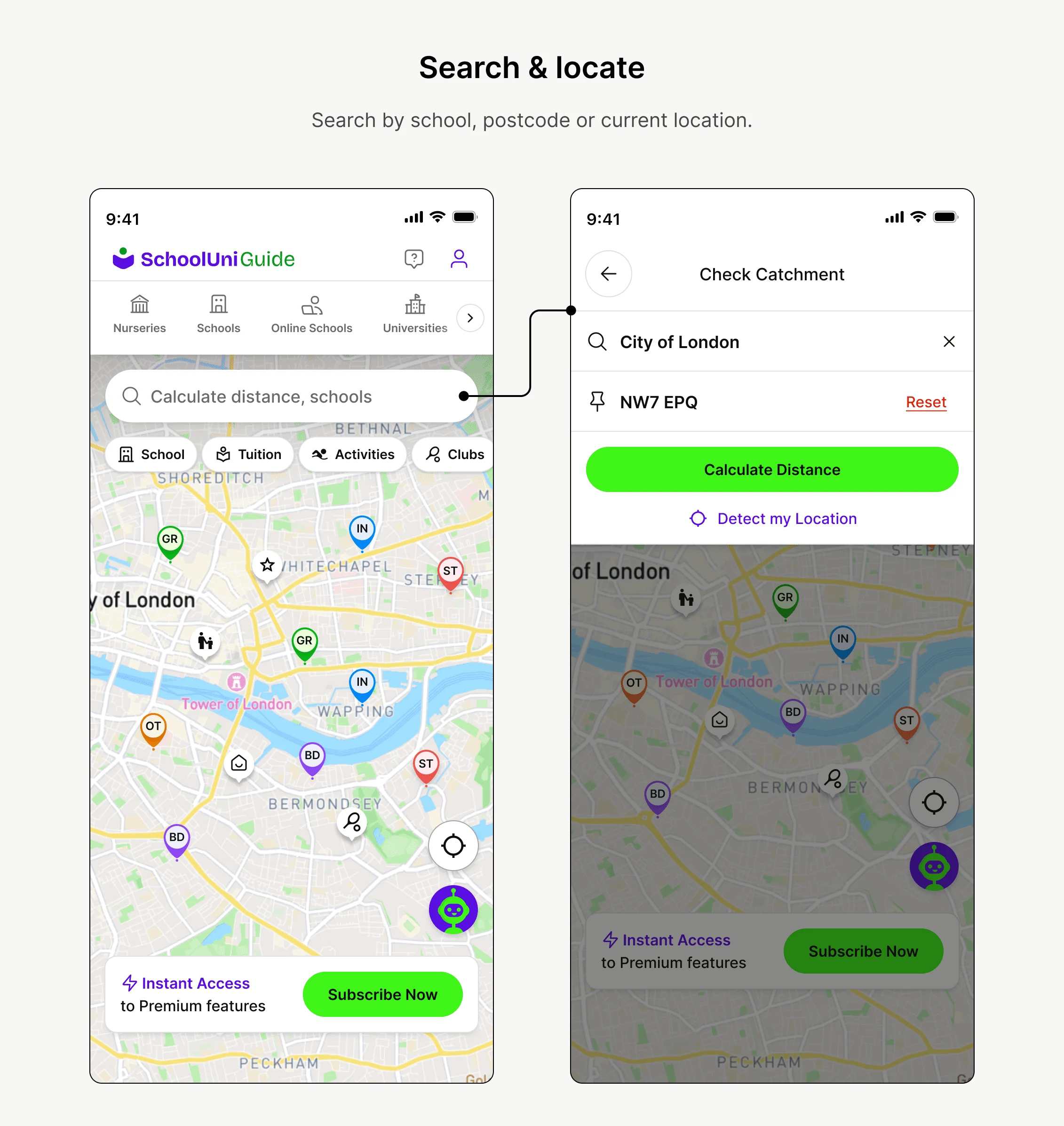 Mobile map search and school location controls