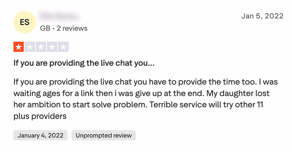 Anonymised 2022 review describing live chat and access delays