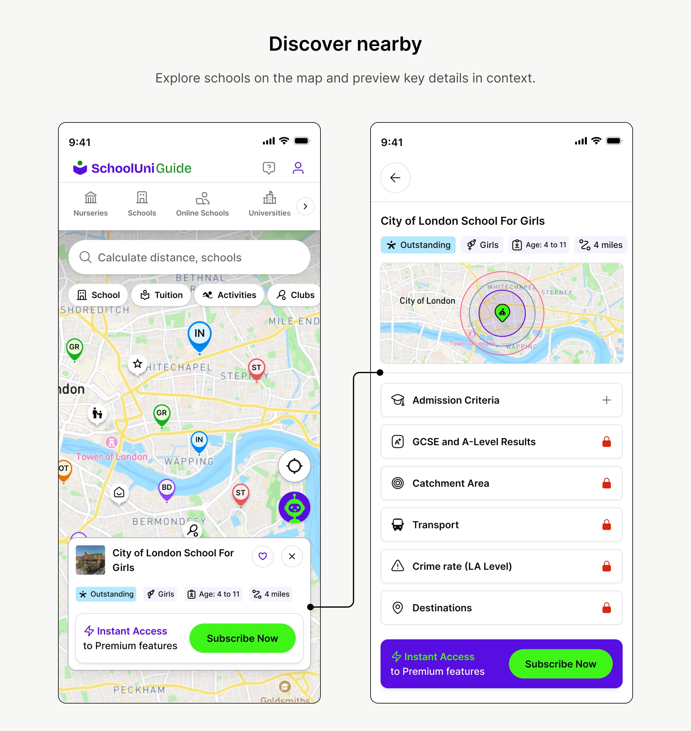 Mobile map with school panel and nearby amenities