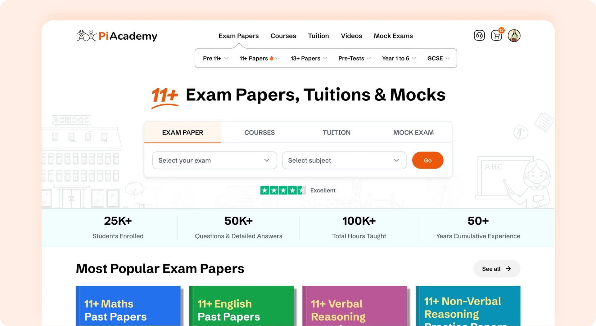 Redesigned PiAcademy homepage with exam navigation, paper search and popular exam papers