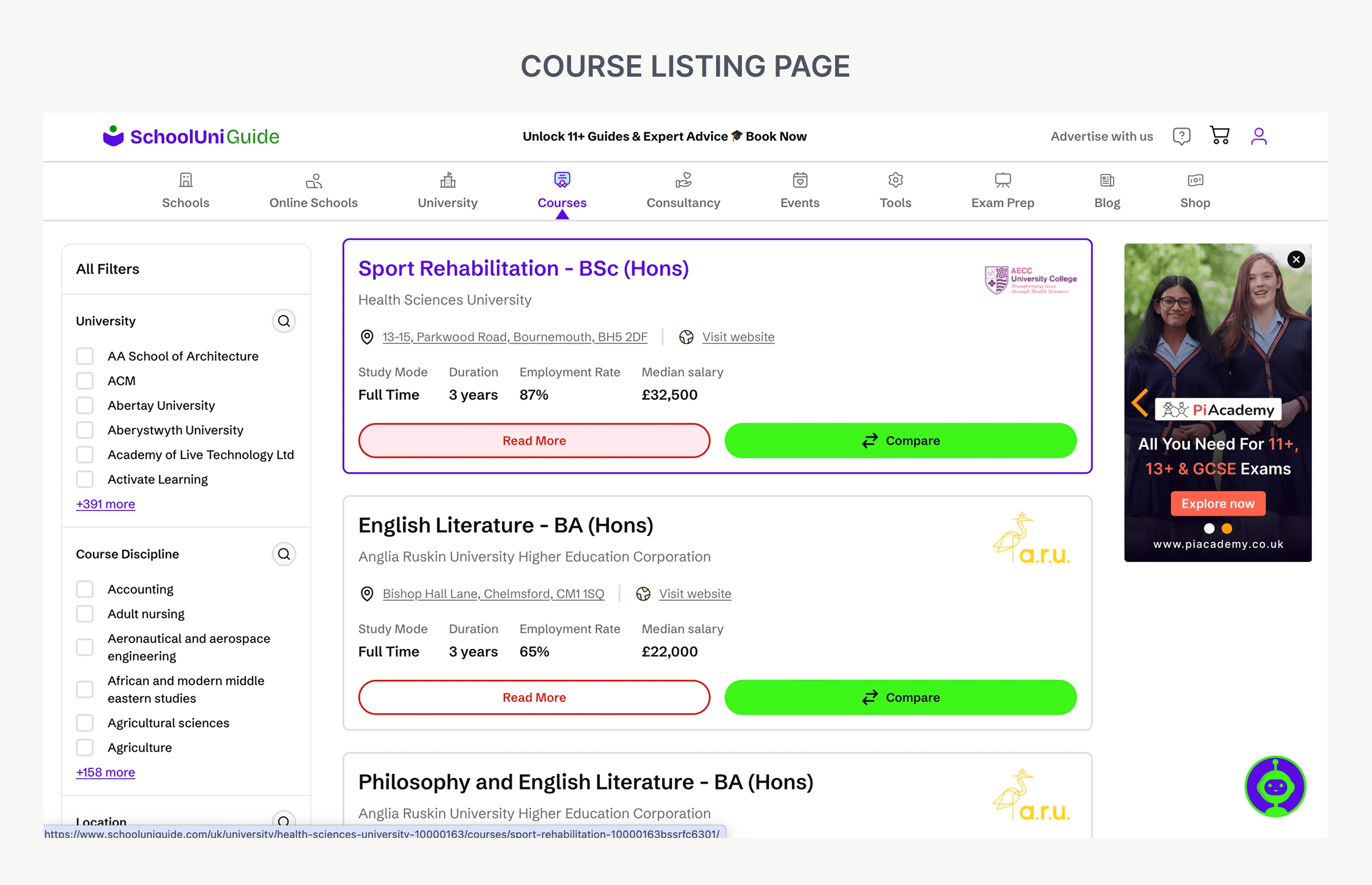 Final university course listing