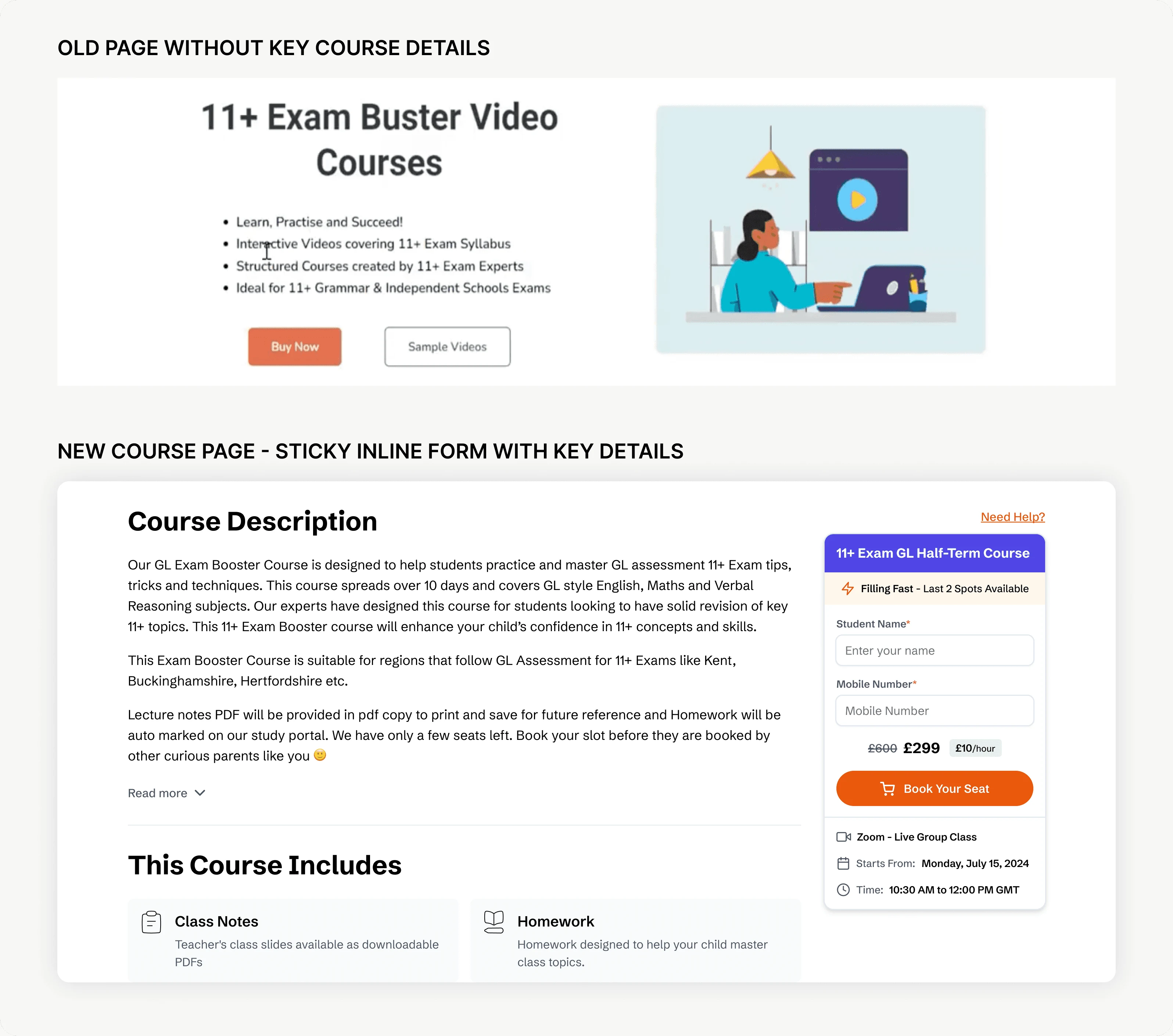 Before → After / Course access and details on the page