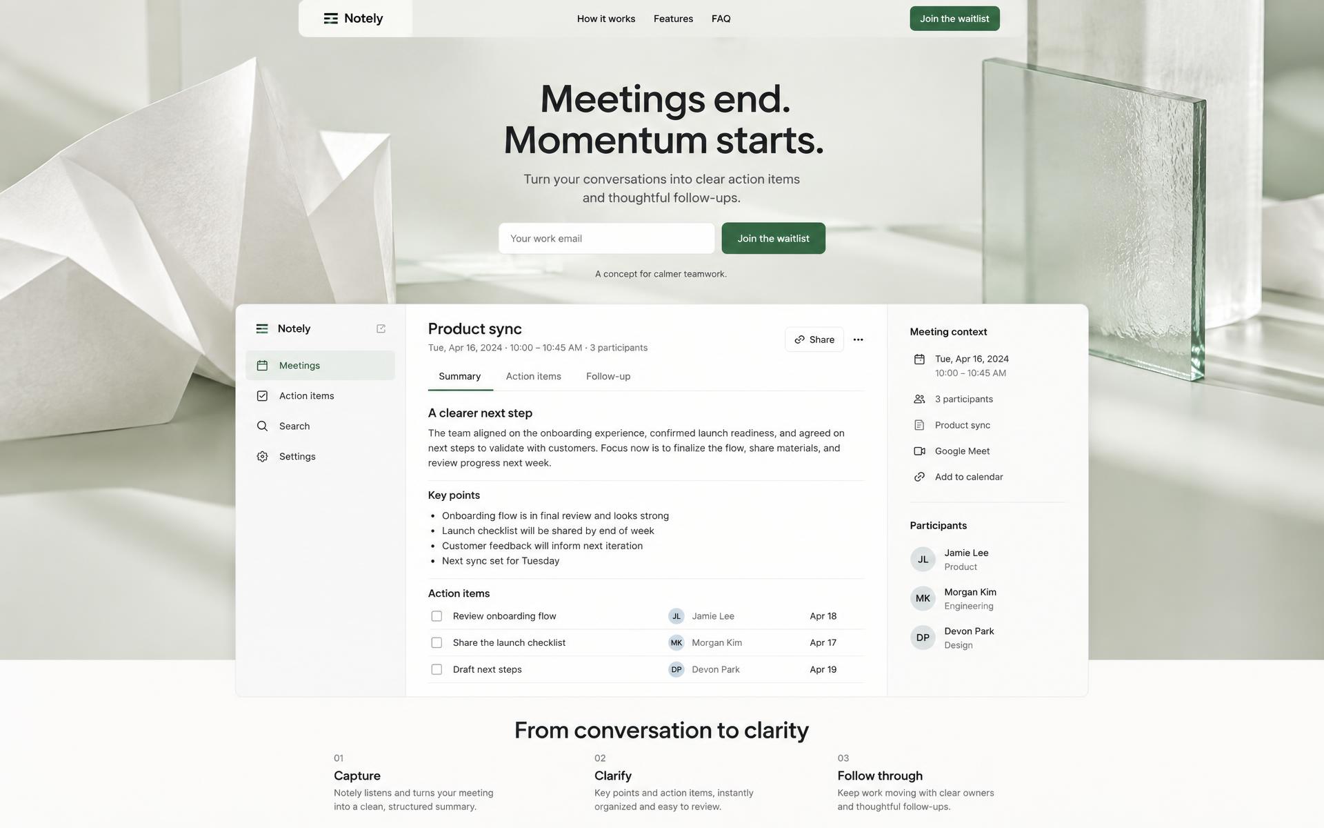 Illustrative Notely landing page with an email capture, paper-and-glass background and meeting summary mockup