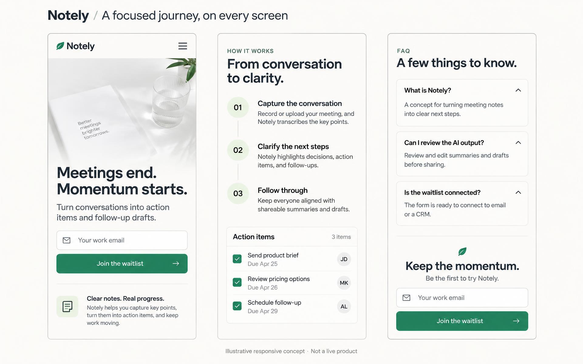 AI-generated mobile concept showing the Notely hero, how-it-works steps, FAQ and repeated signup form